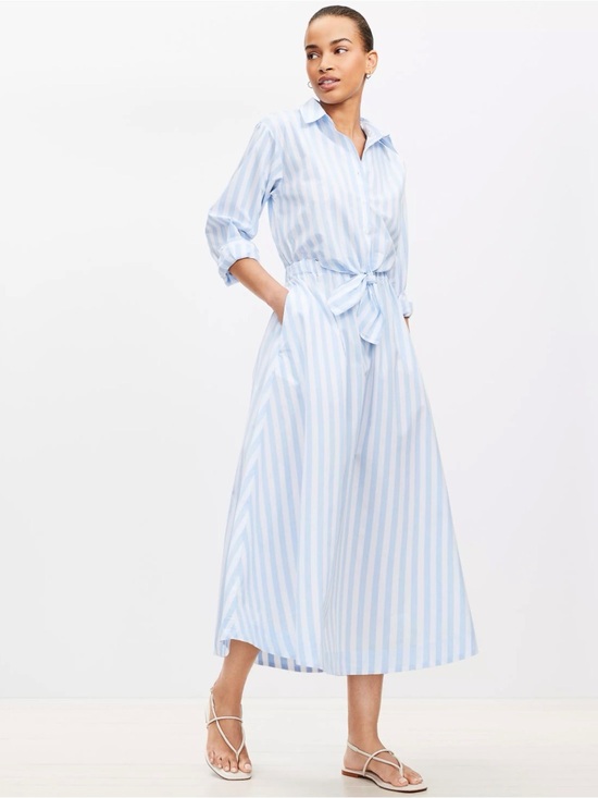 LOFT Dresses & Skirts - LOFT Blue White Striped Poplin Tie Front Pocket Shirtdress 4
